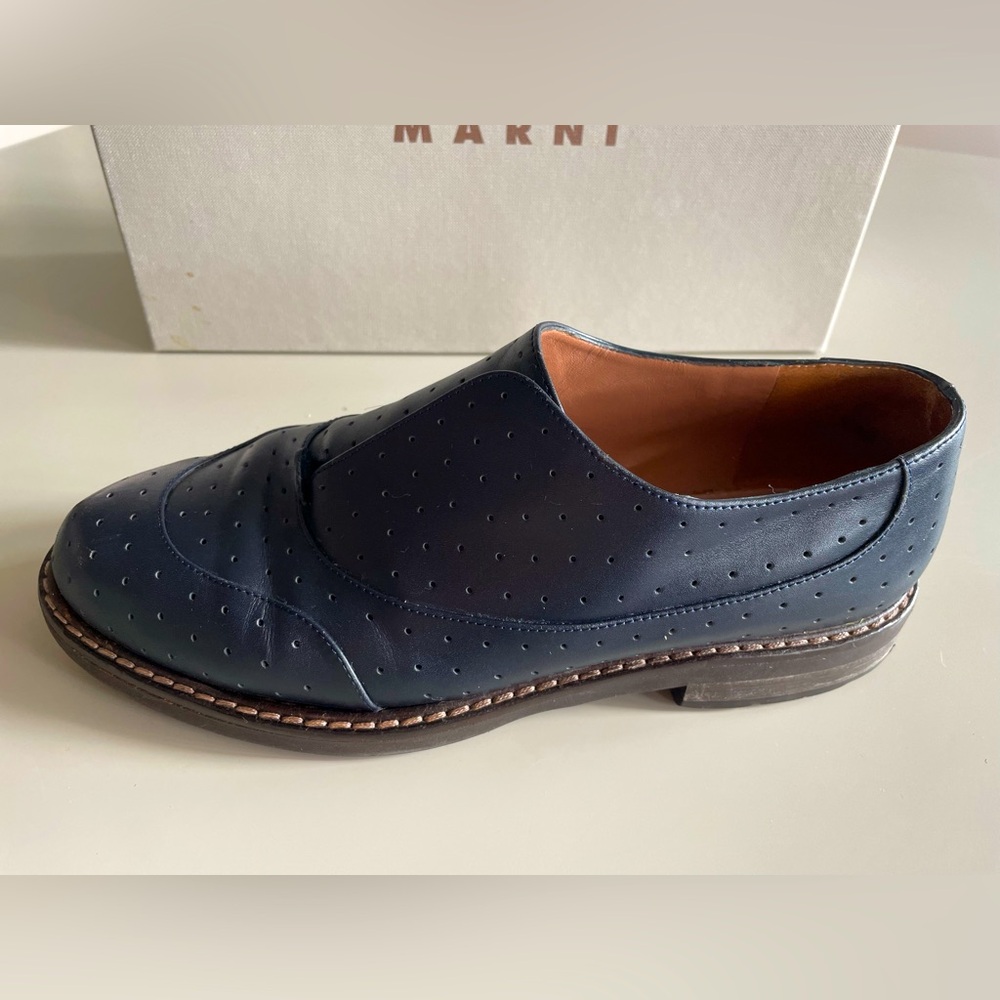Marni Navy Perforated Leather Slip-On Loafers - Picture 2 of 5